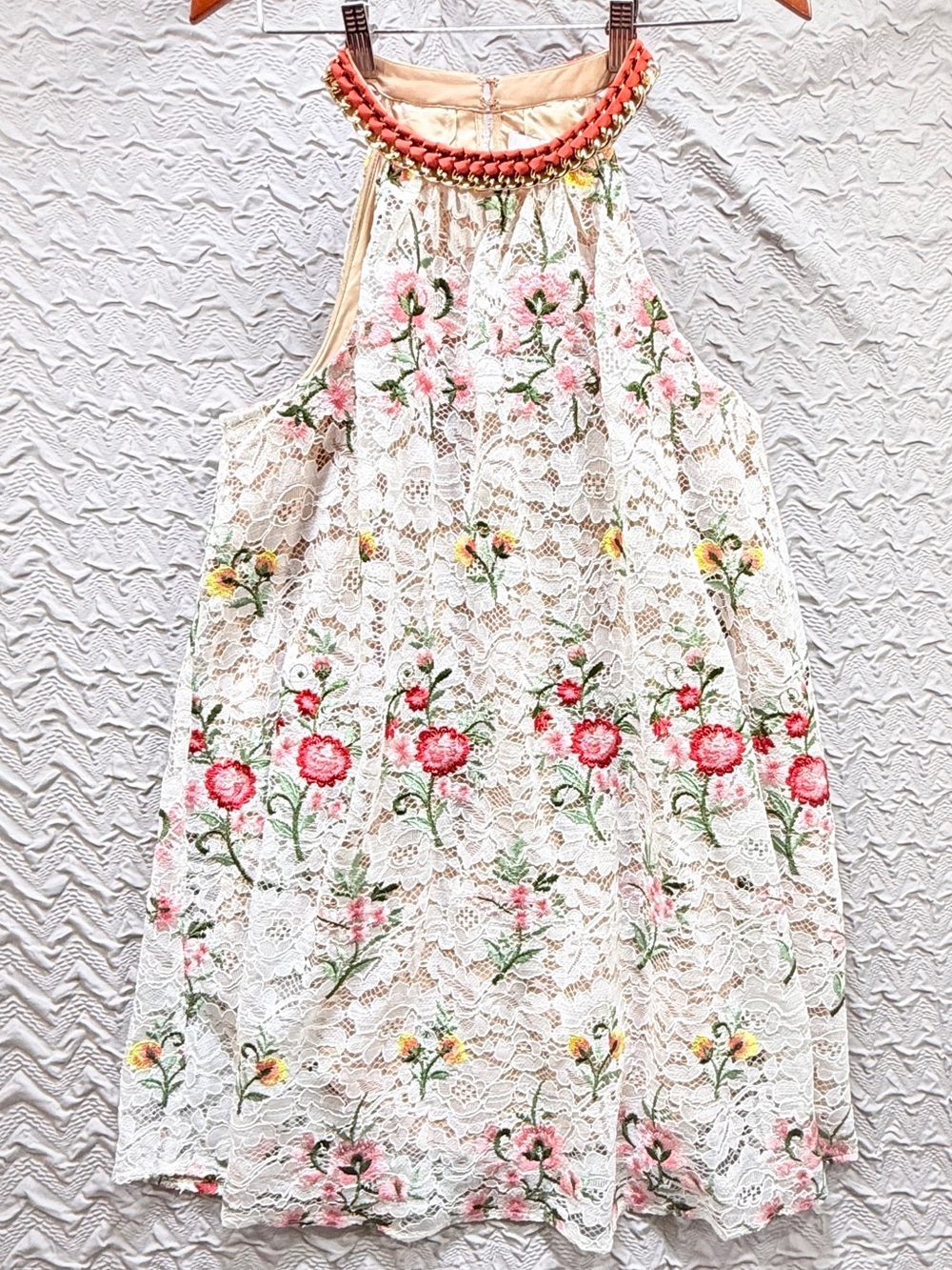 Belle Badgley Mischka Size 12 Floral Embroidered Lace Halter Mini Dress